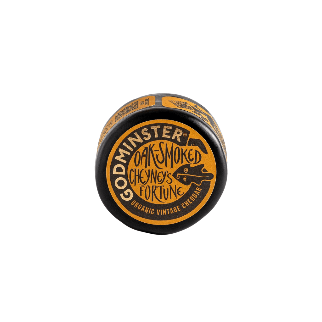 Godminster Cheyney’s Fortune Oak - Smoked Cheddar (200g) on a slate background, from Hamiltons Fish