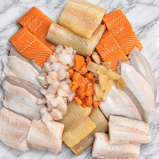 Mixed Fish Box – 20 Fresh Portions on a slate background, from Hamiltons Fish
