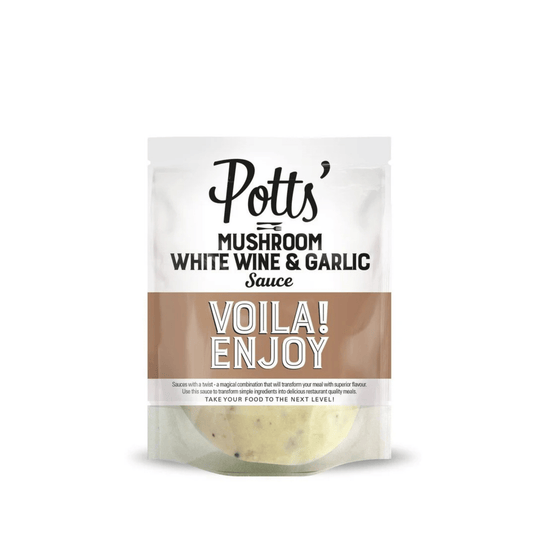 Mushroom, White Wine & Garlic Sauce (250g) on a slate background, from Hamiltons Fish