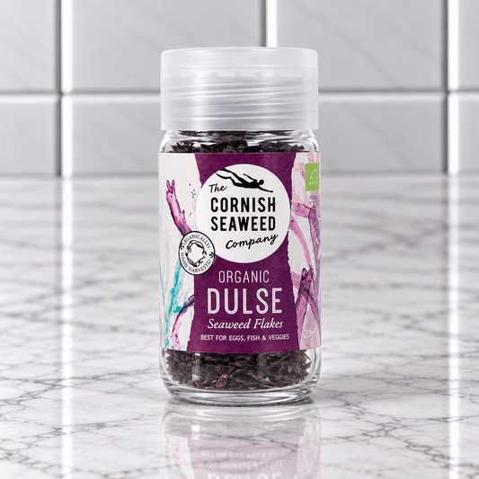 Organic Dulse Seaweed Flakes (20g) on a slate background, from Hamiltons Fish