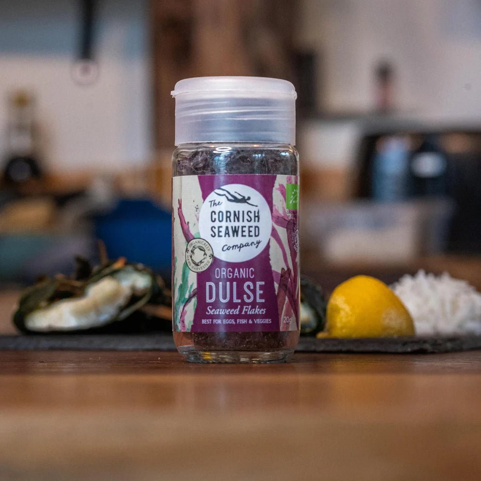 Organic Dulse Seaweed Flakes (20g) on a slate background, from Hamiltons Fish