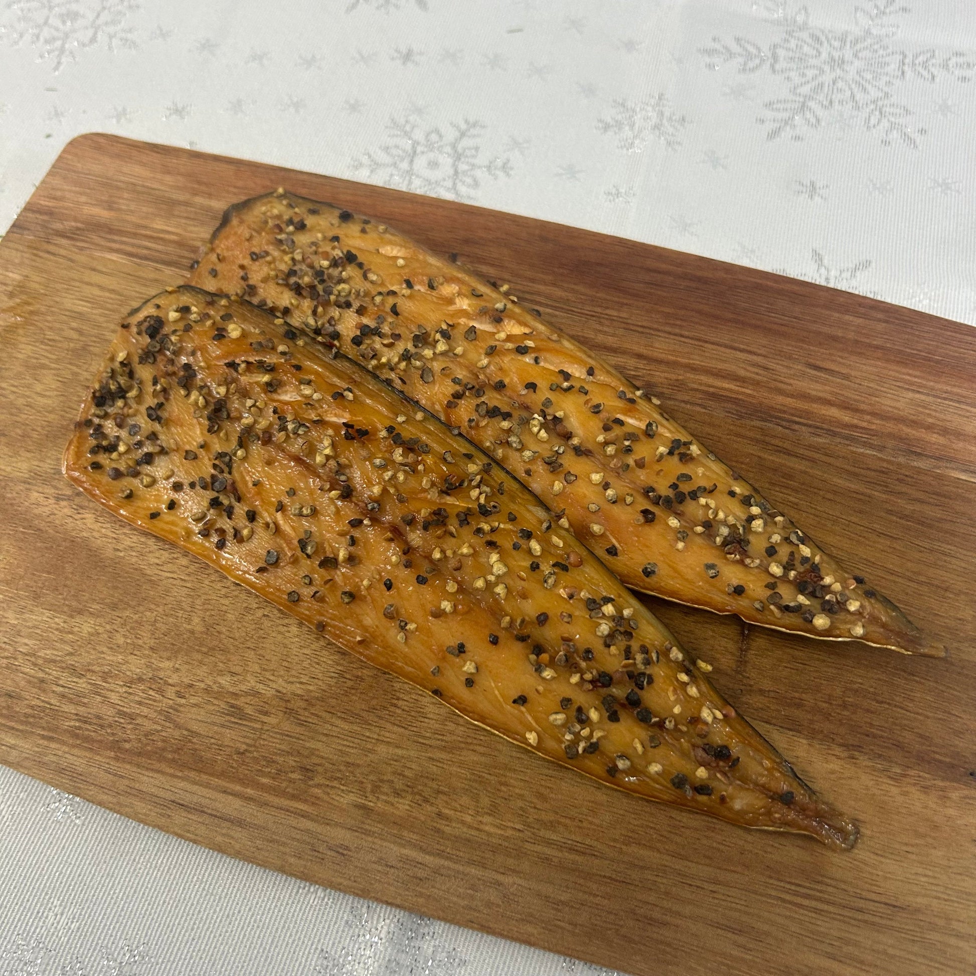 Peppered Smoked Mackerel Fillets on a slate background, from Hamiltons Fish