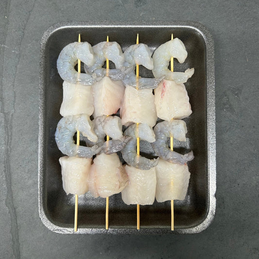 Seafood Kebab Skewers on a slate background, from Hamiltons Fish
