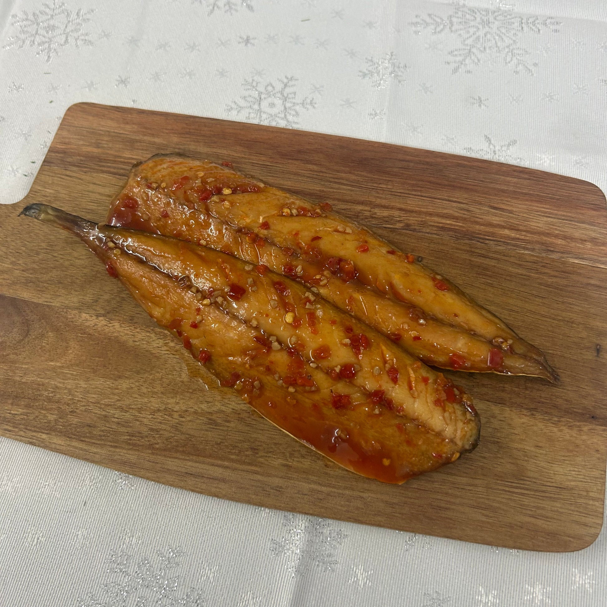 Smoked Mackerel with Sweet Chilli on a slate background, from Hamiltons Fish