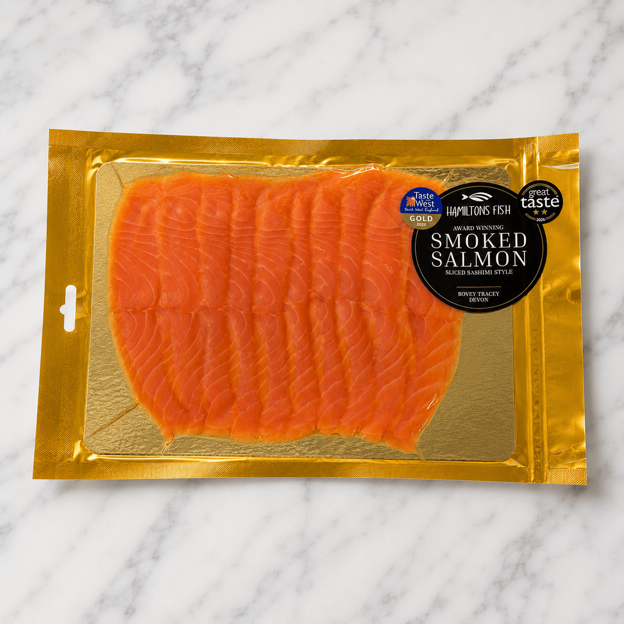 Smoked Salmon - Hand Sliced Sashimi Style on a slate background, from Hamiltons Fish