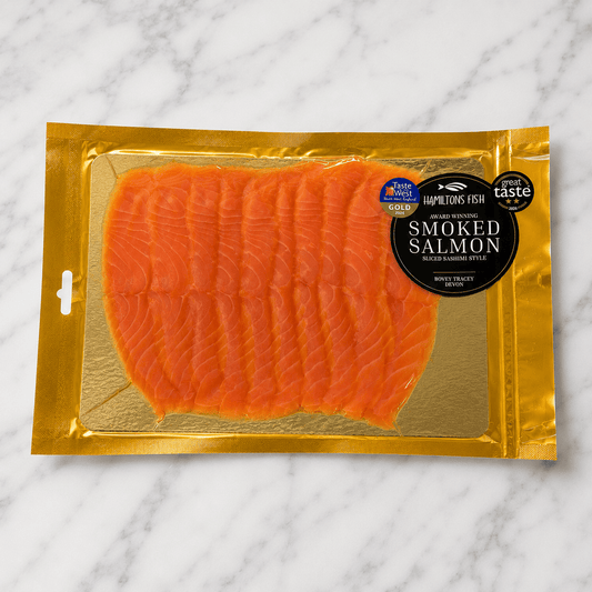 Smoked Salmon - Hand Sliced Sashimi Style on a slate background, from Hamiltons Fish
