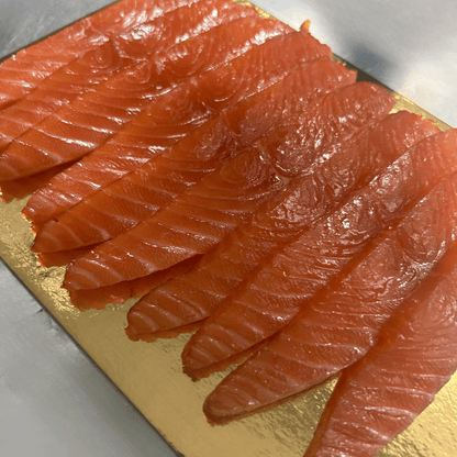 Smoked Salmon Sashimi Style on a slate background, from Hamiltons Fish