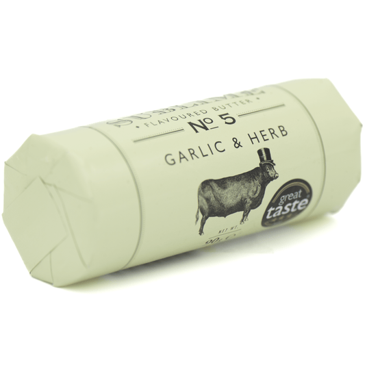 Sublime No. 5 Garlic and Herb Butter (90g) on a slate background, from Hamiltons Fish