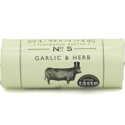 Sublime No. 5 Garlic and Herb Butter (90g) on a slate background, from Hamiltons Fish