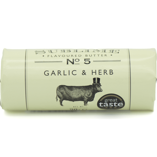 Sublime No. 5 Garlic and Herb Butter (90g) on a slate background, from Hamiltons Fish
