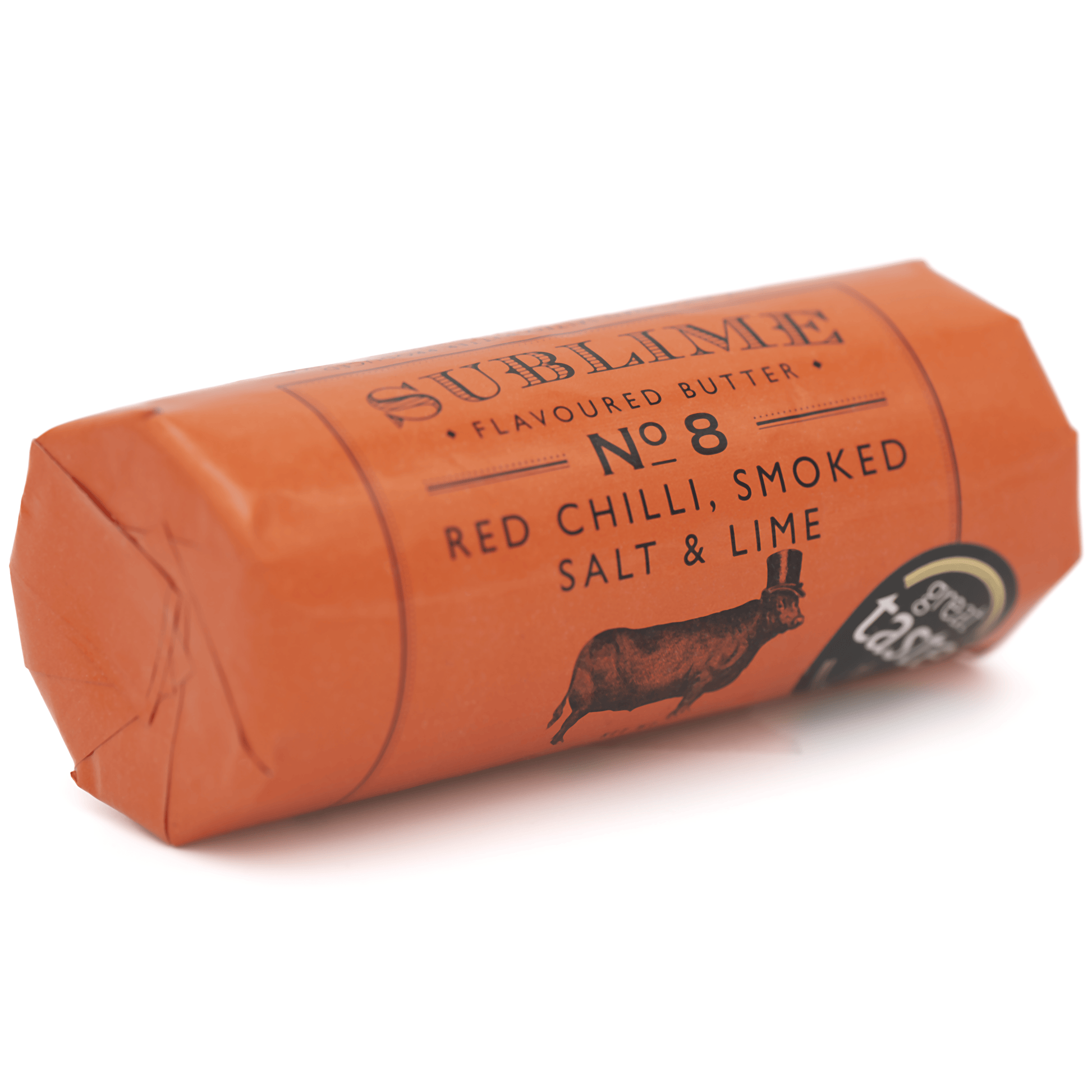 Sublime No. 8 Red Chilli, Smoked Salt & Lime Butter (90g) on a slate background, from Hamiltons Fish