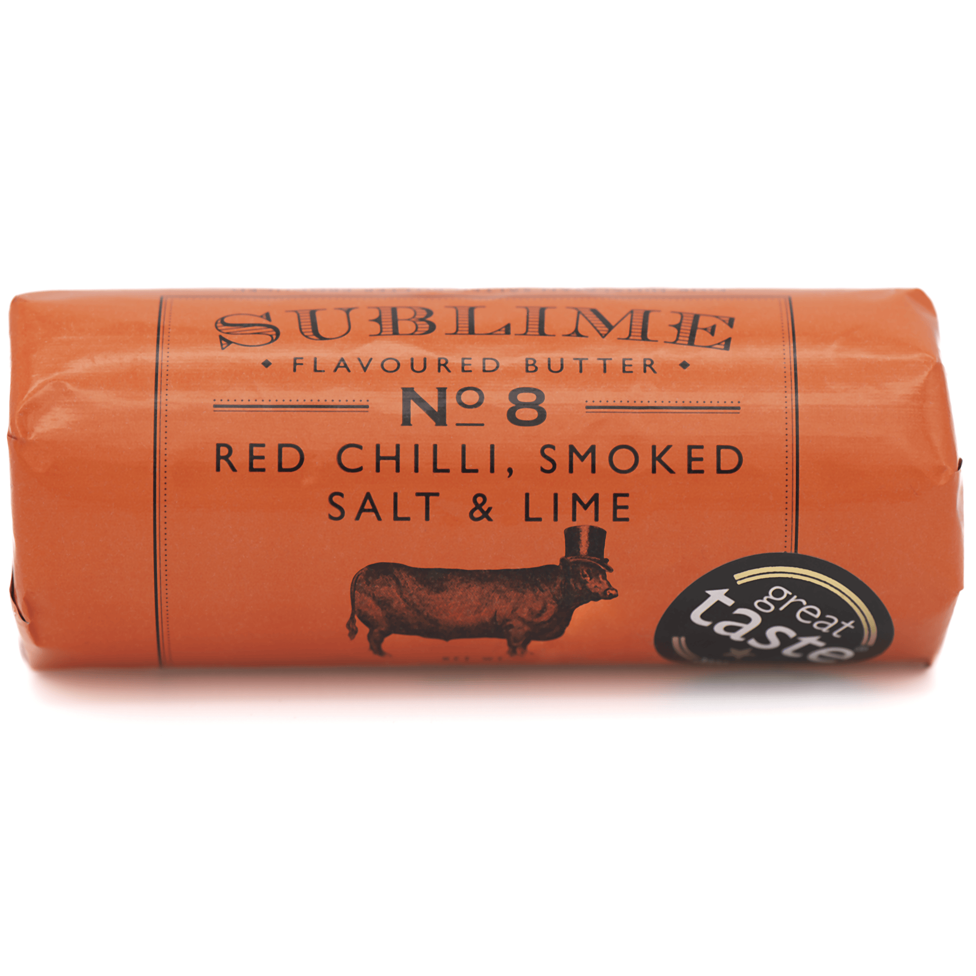 Sublime No. 8 Red Chilli, Smoked Salt & Lime Butter (90g) on a slate background, from Hamiltons Fish