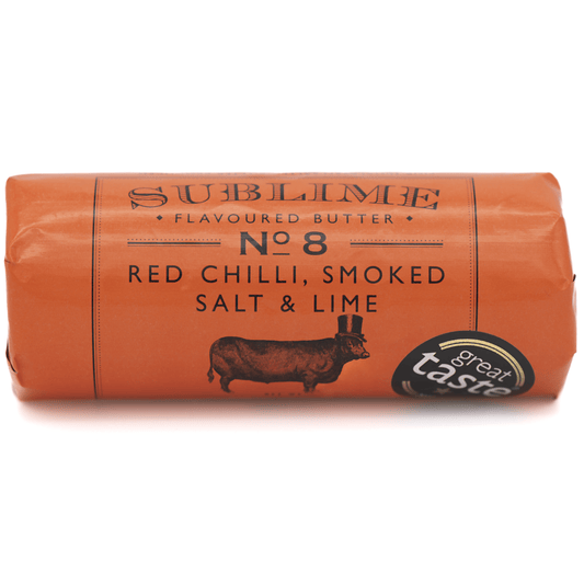 Sublime No. 8 Red Chilli, Smoked Salt & Lime Butter (90g) on a slate background, from Hamiltons Fish