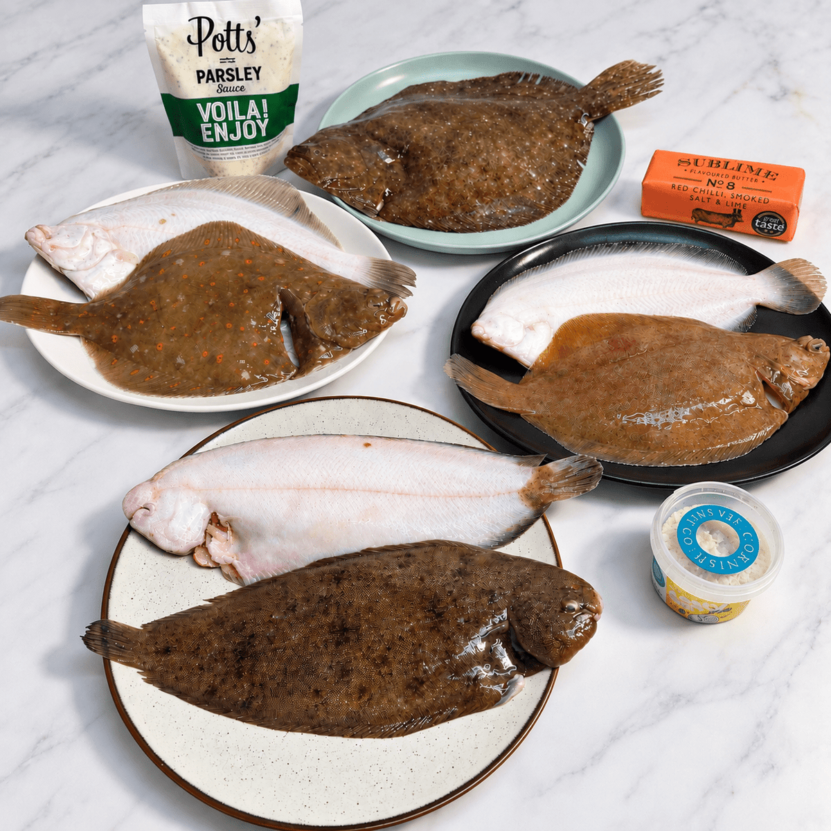 The Flatfish Box on a slate background, from Hamiltons Fish