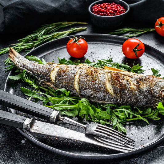 Wild Bass on a slate background, from Hamiltons Fish